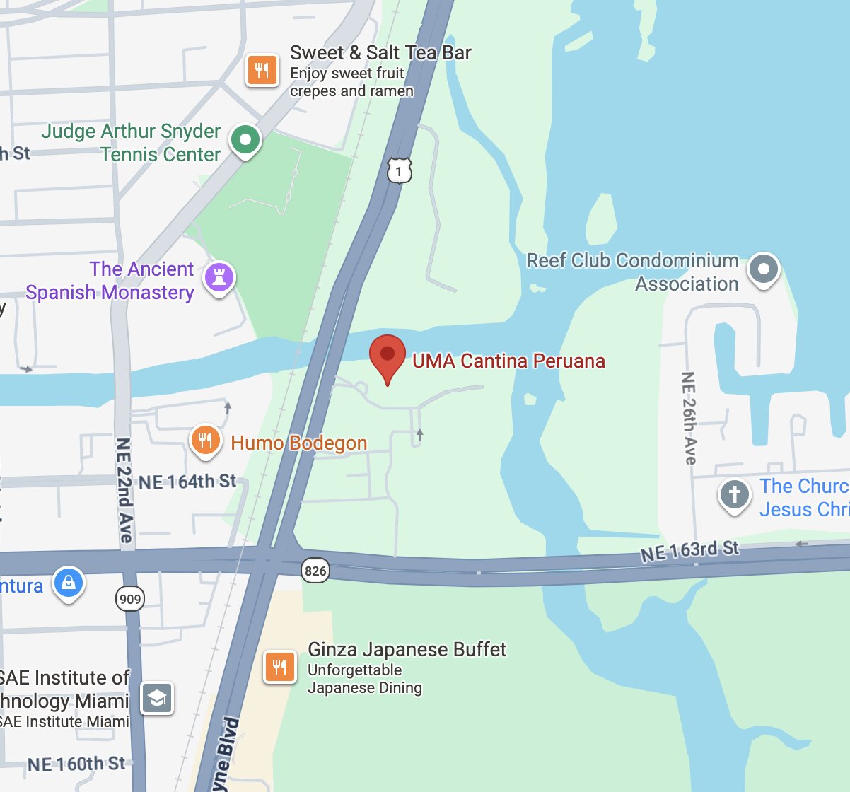 Google Map showing UMA Cantina Peruana at 16395 Biscayne Blvd, North Miami Beach, FL